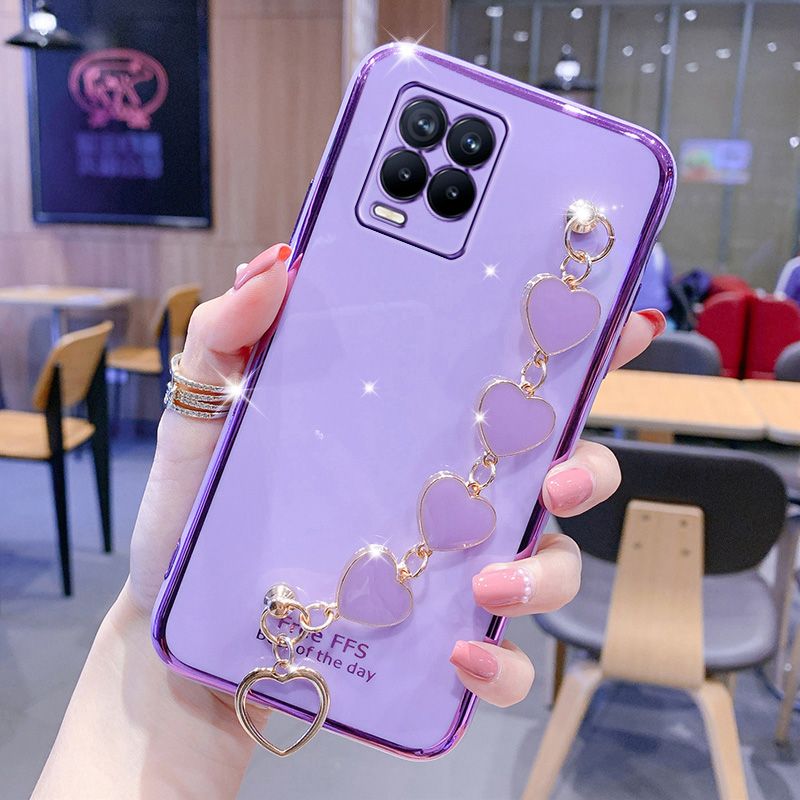 For Realme 8 Cover, with Luxury Love Heart Bracelet Fashion Plating Soft Phone Cover Case Pretty Girls Woman Cases Soft Silicone Bumper Shockproof Protection Back Cover