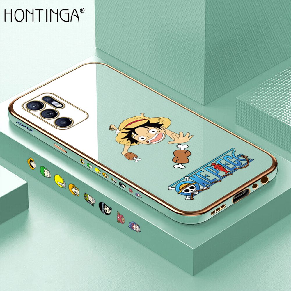 Hontinga for OPPO Reno6 Back Cover + Free Lanyard Luxury 6D Plating Cartoon Meaty Luffy Side Pattern Case Soft Silicone Square Mobile Cover