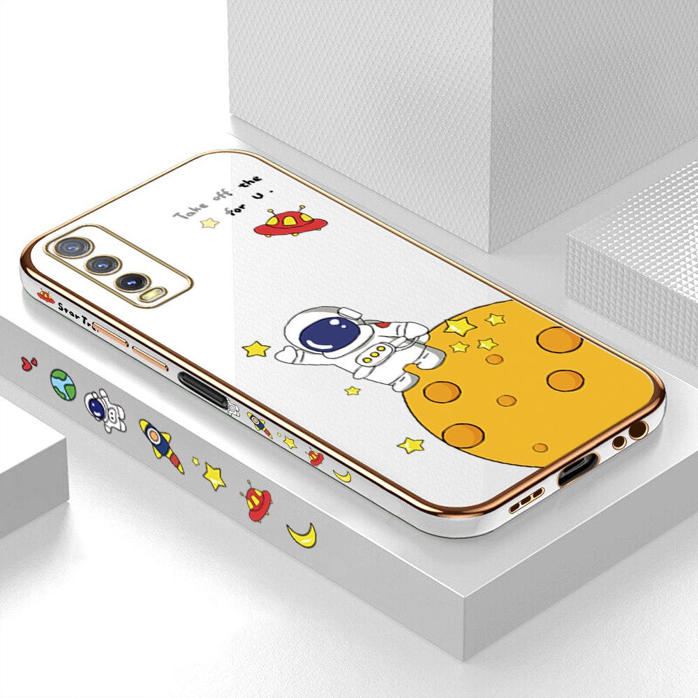 Luxury 6D Plating Case for Vivo Y20i Cute Cartoon Happy Astronaut Side Pattern Back Cover Soft Silicone Square Frame Shiny Bling Phone Cases + Free Lanyard