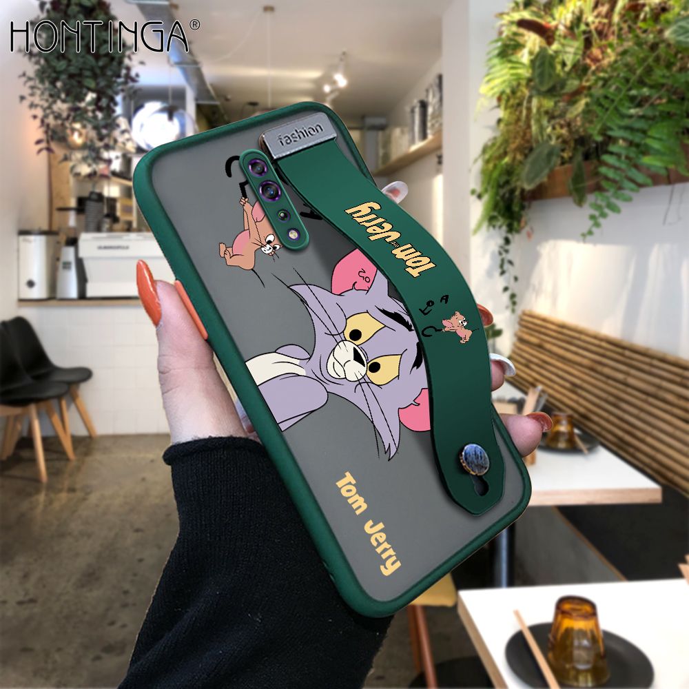 Hontinga for OPPO Reno Z Back Cover With Wristband Popular Cartoon Pattern Phone Casee Full Lens Protection Thin Frosted Cases