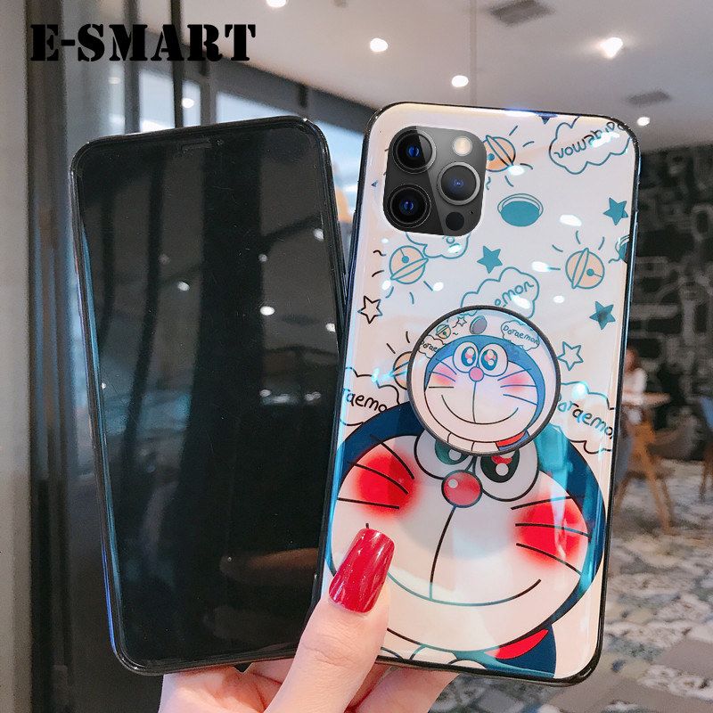 For iPhone13 Pro Max Case Cute 3D Cartoon Blue Light Happy Doraemon Soft Couple Back Cover Stand Holder for iPhone13 Pro Max Back Cover