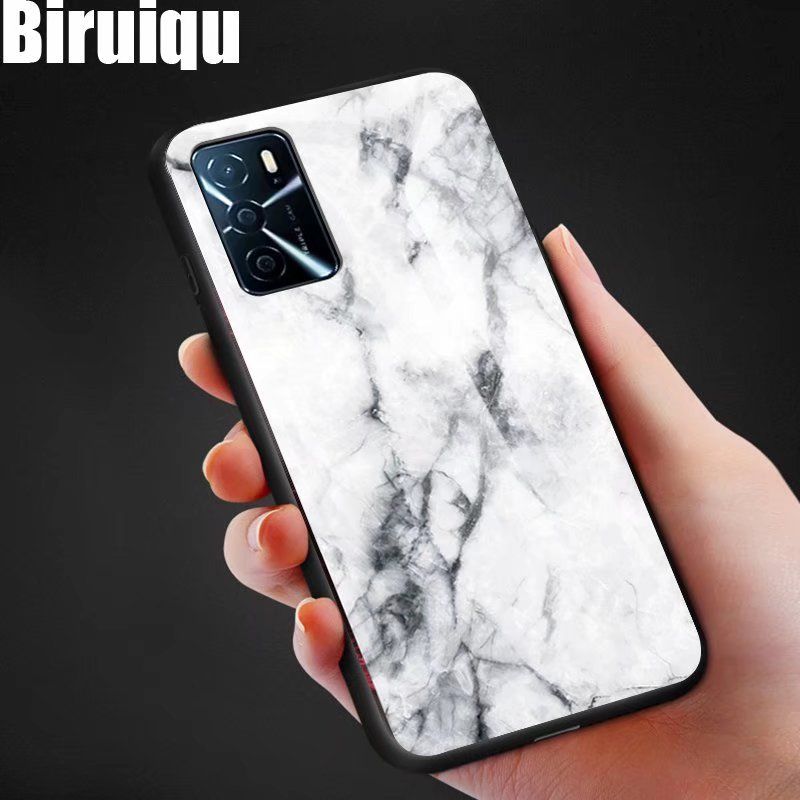Biruiqu For OPPO A16 Shockproof Fashion Marble Tempered Glass Back Case Cover
