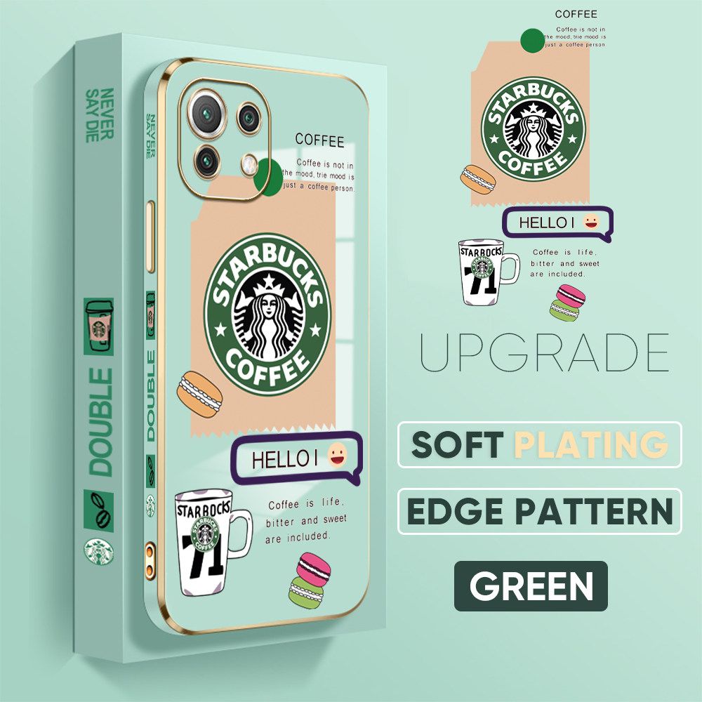 Jizetin (Free Lanyard) Xiaomi 11 Lite 5G 4G / 11 Lite 5G NE Back Cover Two Coffee Macaron Luxury 6D Plating Case Side Pattern Soft Silicone Square Mobile Phone Cases