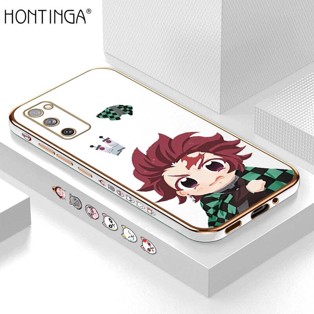 Hontinga for Samsung Galaxy S20 FE 4G / 5G Back Cover + Free Lanyard Luxury 6D Plating Cartoon Anime Tanjirou Side Pattern Case Soft Silicone Square Mobile Cover