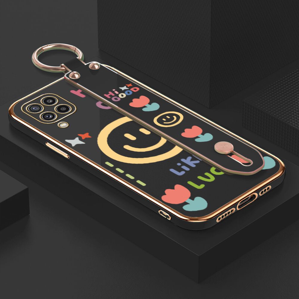 ZeroQiQi for Samsung M32 Wrist Strap Back Cover Flower Smiley Fashion Luxury 6D Plating Soft Casing Silicone Square Frame Phone Case