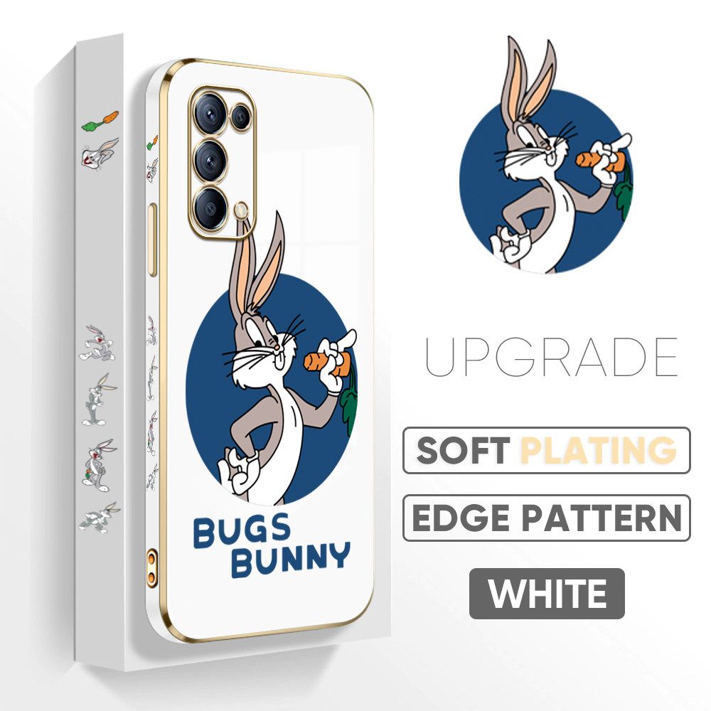 Jizetin (Free Lanyard) OPPO Reno5 / Reno5 5G / Reno5 4G Back Cover Anime Rabbit Luxury 6D Plating Case Side Pattern Soft Silicone Square Mobile Phone Cases