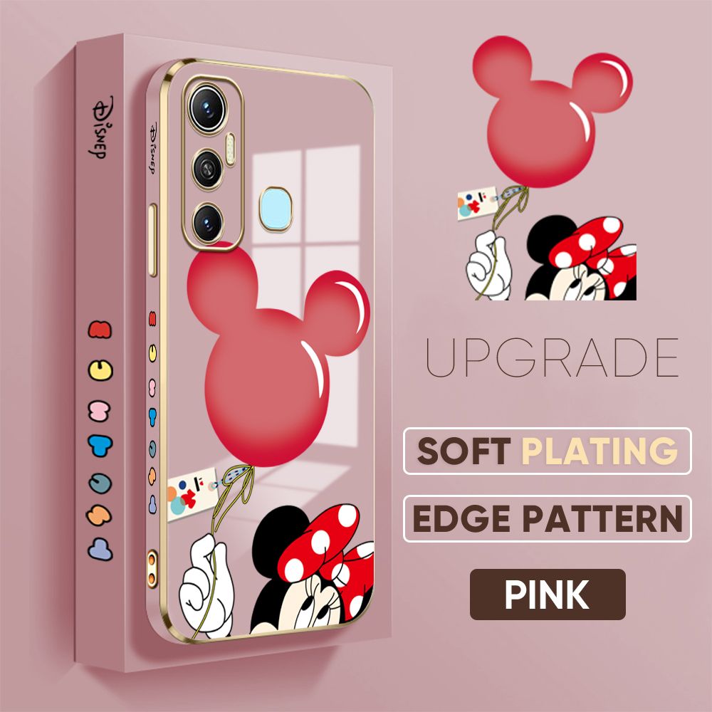 Jizetin (Free Lanyard) Infinix Hot 11 Back Cover Red Mouse Balloon Luxury 6D Plating Case Side Pattern Soft Silicone Square Phone Cases