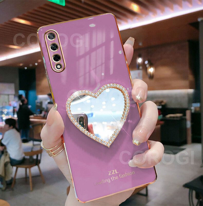 For Samsung Galaxy A30s Cover with Makeup Mirror Shiny Plating Square Bumper Girls Phone Case Soft TPU Silicone Shockproof Protective Back Cover
