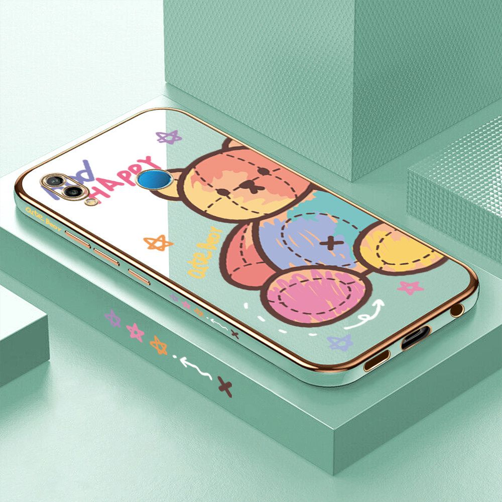 Luxury 6D Plating Case for Huawei Nova 3E Color Cartoon Doll Bear Side Pattern Back Cover Soft Silicone Square Frame Shiny Bling Phone Cases + Free Lanyard