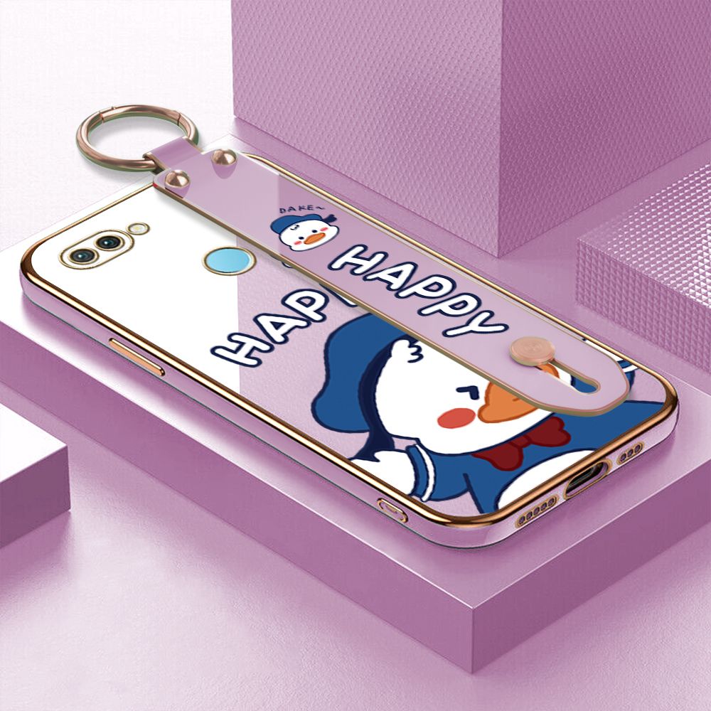 TA for OPPO F9 / Realme 2 Pro / U1 Wrist Strap Back Cover Cute Duck Fashion Luxury 6D Plating Soft Casing Silicone Square Frame Phone Case