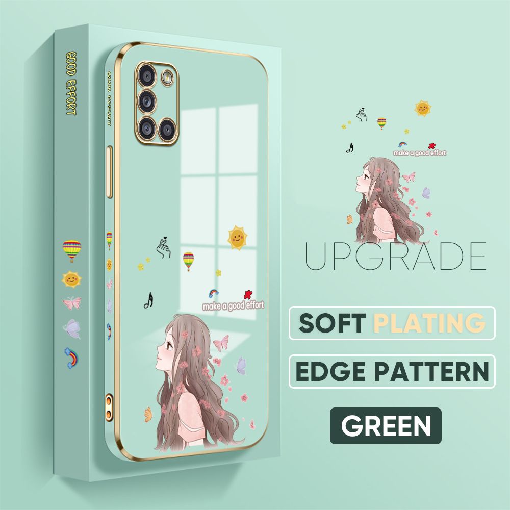 TA for Samsung Galaxy A31 Back Cover + Free Lanyard Charming Girl Luxury 6D Plating Case Side Pattern Soft Silicone Square Phone Cases