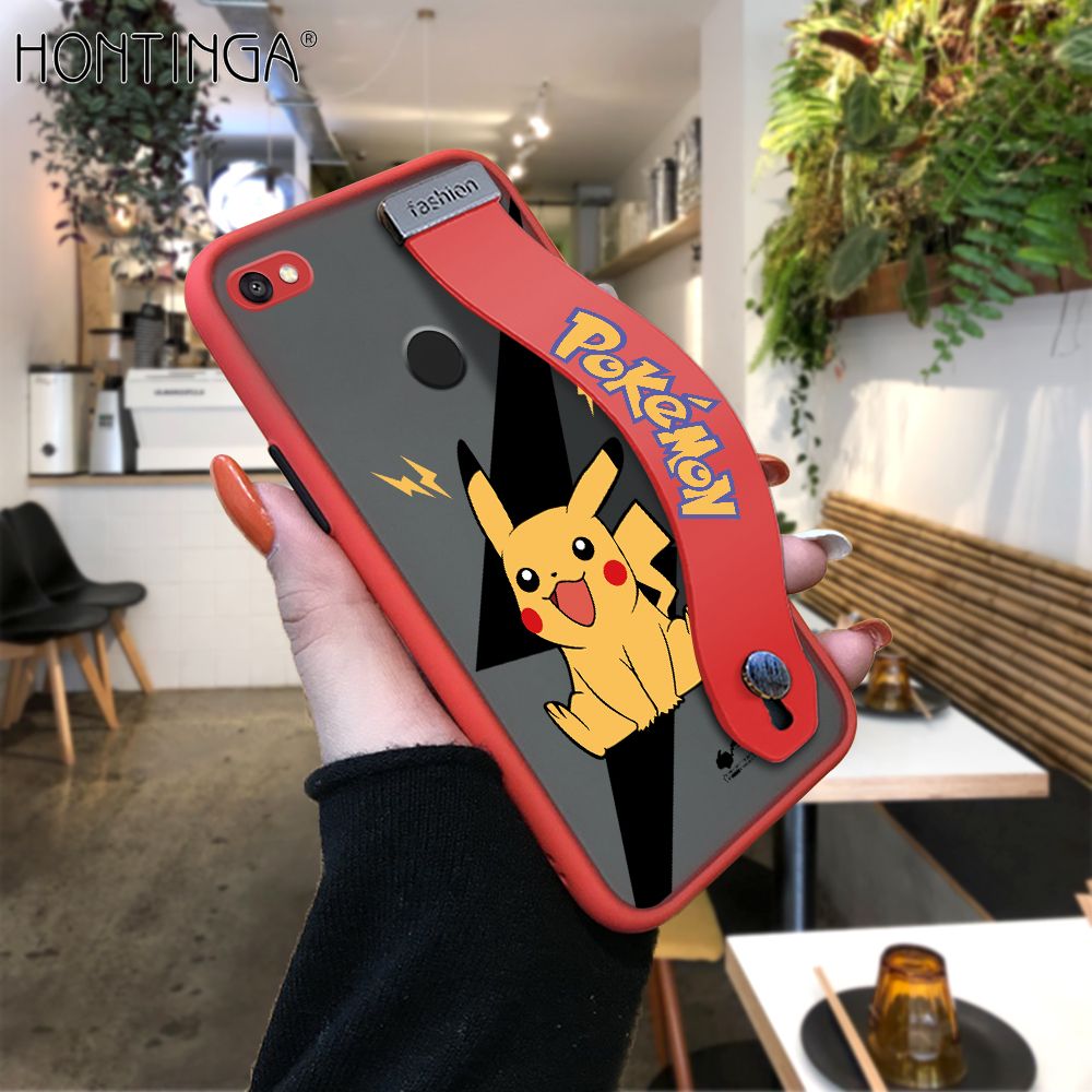 Hontinga for Redmi Note 5A Prime Back Cover With Wristband Cartoon Pikachu Phone Casee Full Lens Protection Thin Frosted Cases