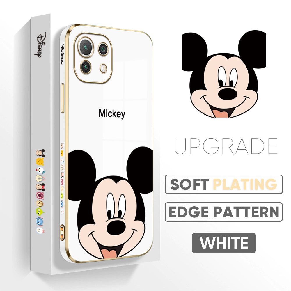 Jizetin (Free Lanyard) Xiaomi 11 Lite Luxury 6D Plating Soft Casing Silicone Square Frame Phone Case Shiny Bling Back Cover Cartoon Big Head Mouse New design Side Drawing Case