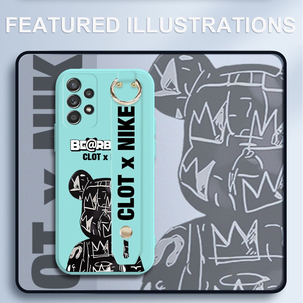 UCUC for Samsung Galaxy A52S 5G Wrist Strap Case Creative Cartoon Black Stitching Bear Cover Ultra Thin Anti Fall Liquid Silicone Phone Case