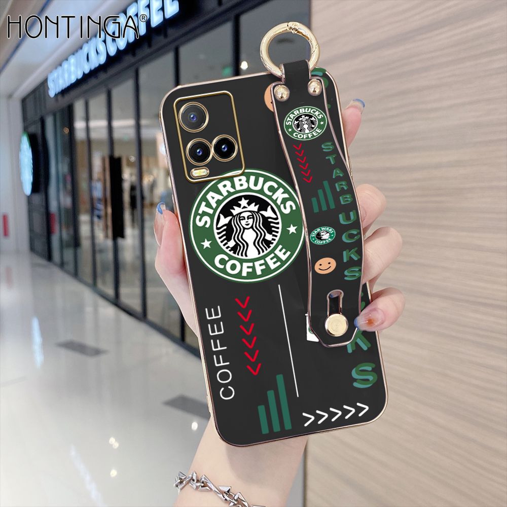 Hontinga for Vivo Y33S / Y21 2021 / Y21S / Y21A / Y21T / Y33T Back Cover With Wristband Luxury 6D Plating Coffee Sign Case Soft Silicone Square Phone Cases