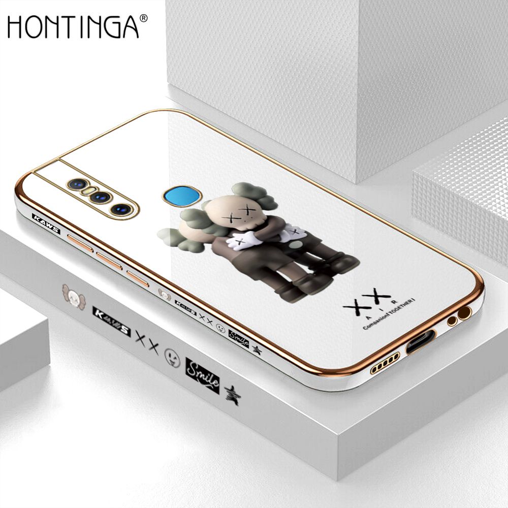 Hontinga for Vivo V15 Back Cover + Free Lanyard Luxury 6D Plating Cartoon Hug bear Side Pattern Case Soft Silicone Square Mobile Cover