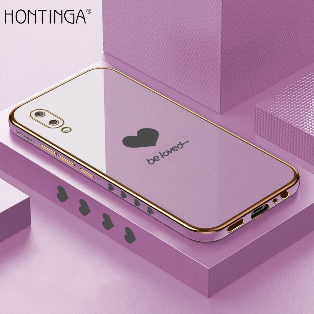 Hontinga for Samsung M02 A02 Case + Free Lanyard Luxury 6D Plating Lover Heart Side Pattern Soft Back Cover Silicone Square Phone Cases