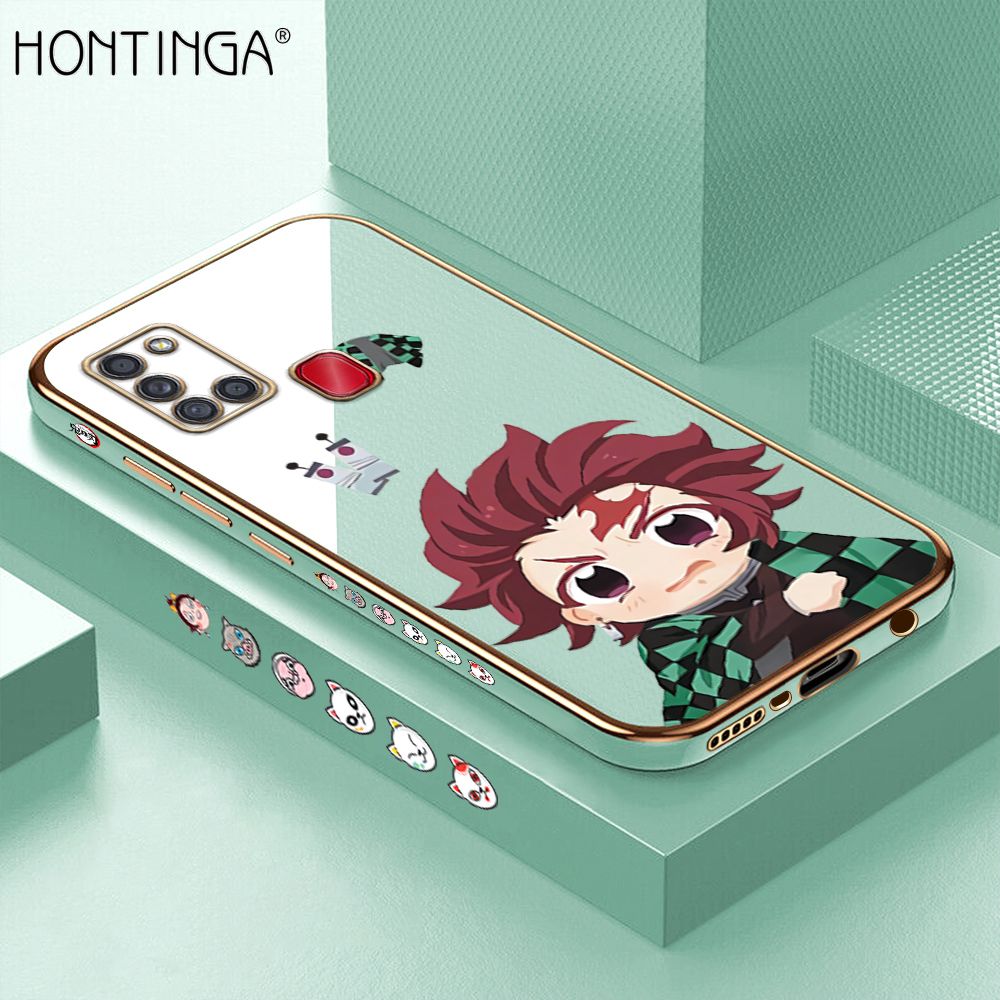 Hontinga for Samsung A21S Back Cover + Free Lanyard Luxury 6D Plating Cartoon Anime Tanjirou Side Pattern Case Soft Silicone Square Mobile Cover