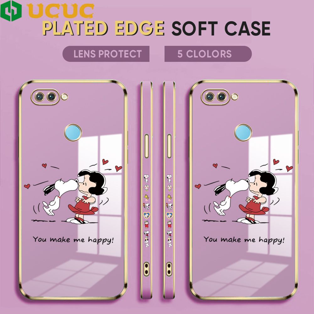 UCUC for OPPO F9 Realme U1 A7X F9 Pro Back Cover + Free Lanyard Happy Puppy Luxury 6D Plating Case Side Pattern Soft Silicone Square Phone Cases