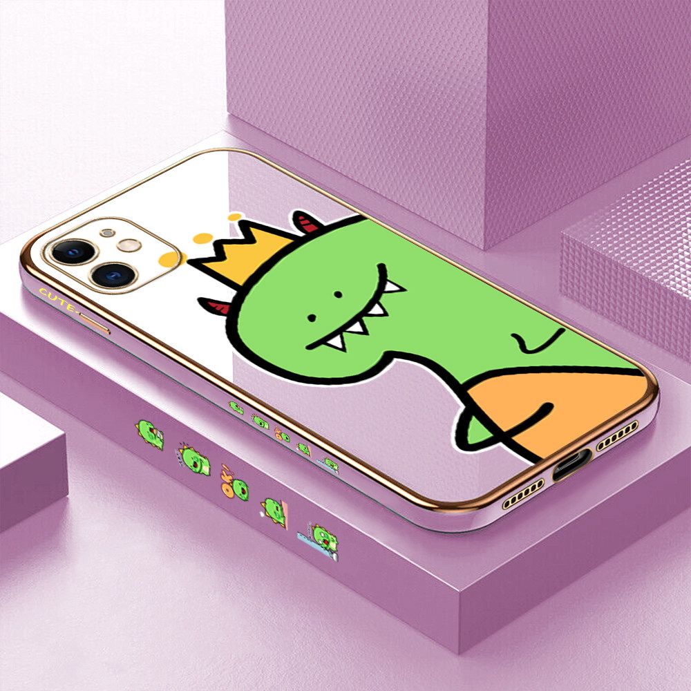 Luxury 6D Plating Case for iPhone 11 Cute Little Dinosaur Side Pattern Back Cover Soft Silicone Square Frame Shiny Bling Phone Cases + Free Lanyard