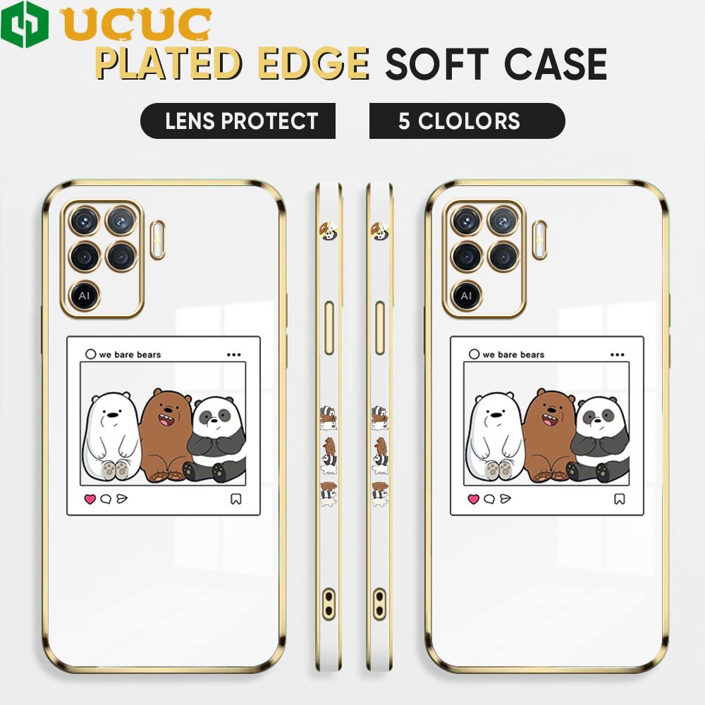 UCUC for OPPO A94 Cover Bears Photo Luxury 6D Plating Soft Casing Silicone Square Frame Phone Case Shiny Bling Back Cover + Free Lanyard