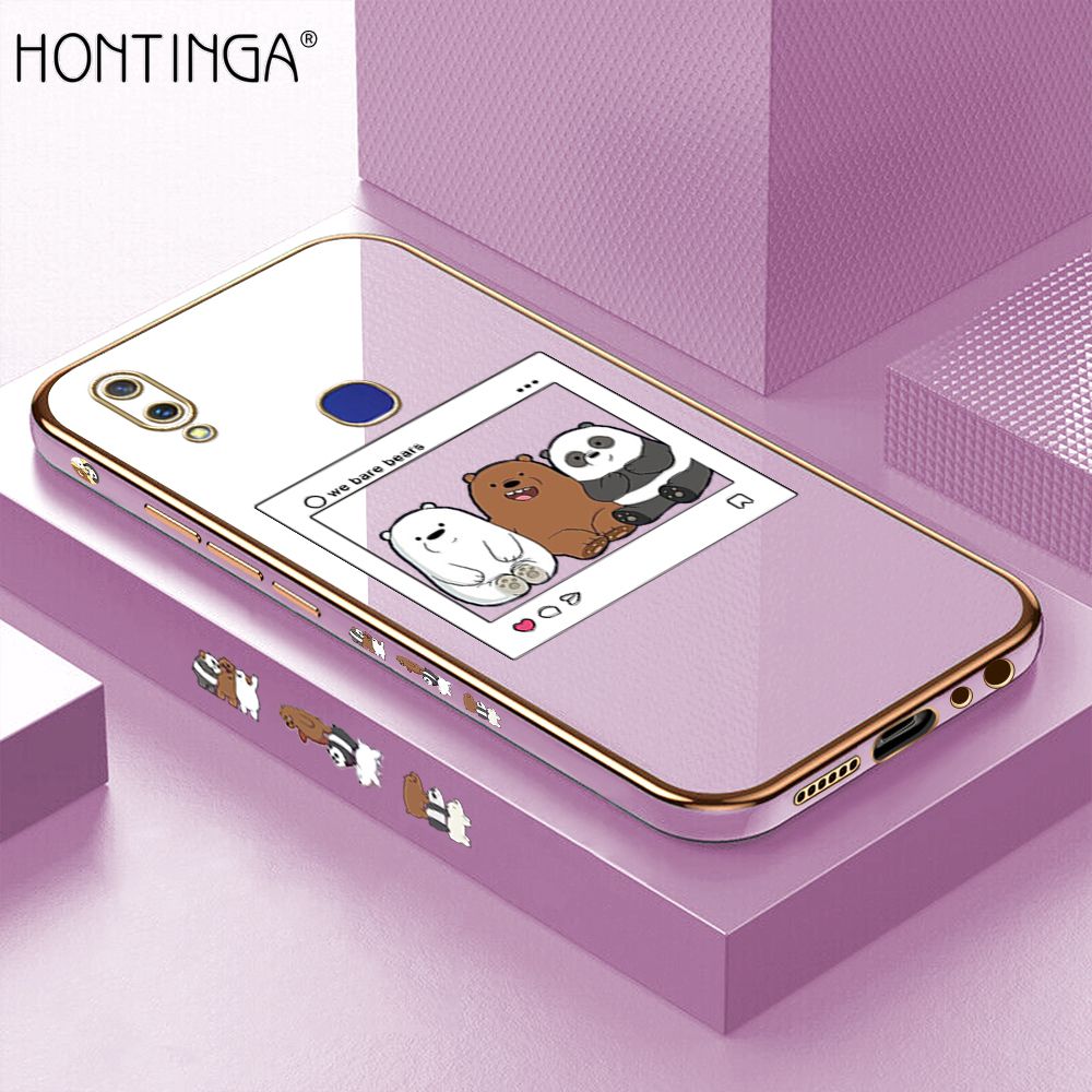 Hontinga for Vivo V11I Case Luxury 6D Plating Photo three bears Side Pattern Soft Back Cover Silicone Square Phone Cases