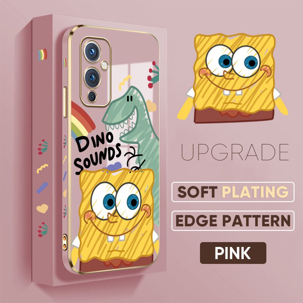 TA for OnePlus 9 Back Cover + Free Lanyard Sponge Dinosaur Luxury 6D Plating Case Side Pattern Soft Silicone Square Phone Cases