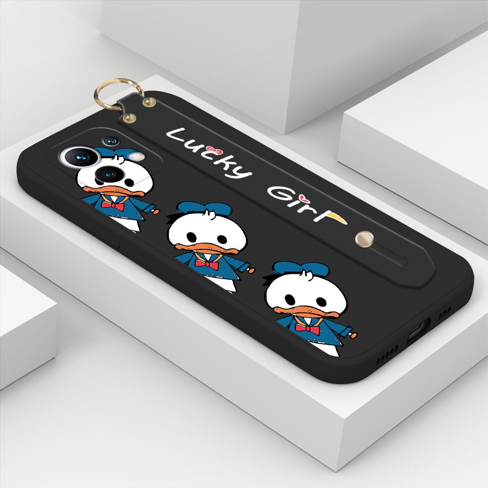 ZeroQiQi for Xiaomi Mi 11 Wrist Strap Case Cute Cartoon Little Duck Phone Case Square Edge Liquid Silicone Case Full Cover Camera Shockproof Protective Cases
