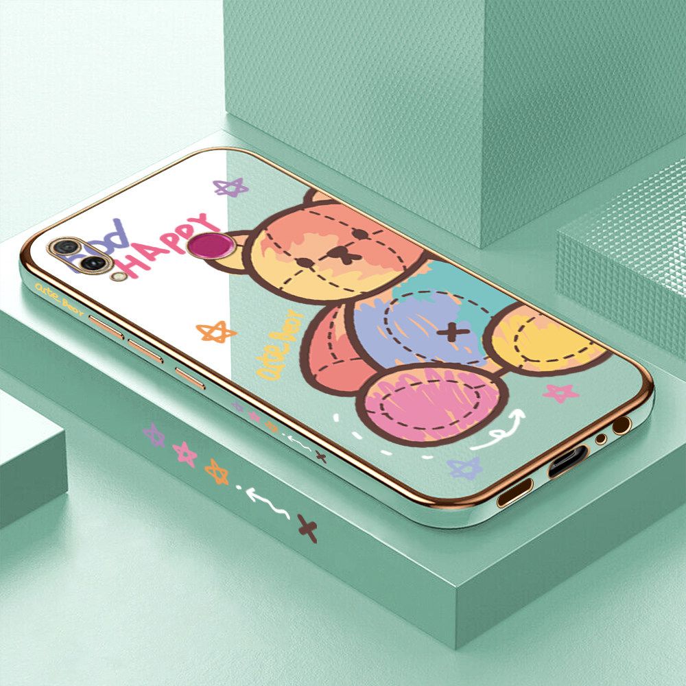 Luxury 6D Plating Case for Huawei Y9 2019 Color Cartoon Doll Bear Side Pattern Back Cover Soft Silicone Square Frame Shiny Bling Phone Cases + Free Lanyard