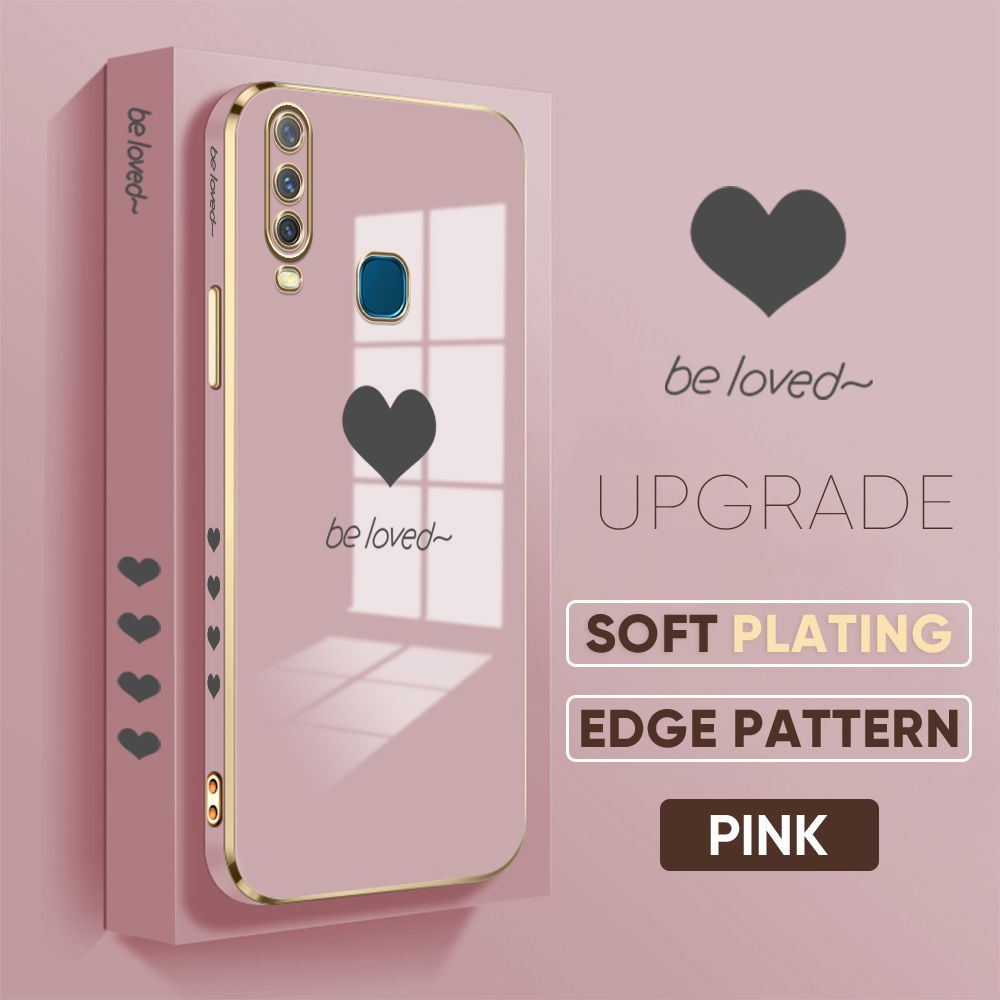 TA for Vivo Y17 Y15 Y12 Back Cover + Free Lanyard Simple Love Luxury 6D Plating Case Side Pattern Soft Silicone Square Phone Cases