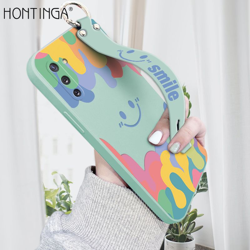 Hontinga for Samsung Galaxy Note 10 Wrist Strap Case Soft Candy Color Splash Ink Cover Trend Square Printed Pattern Liquid Silicone Phone Case