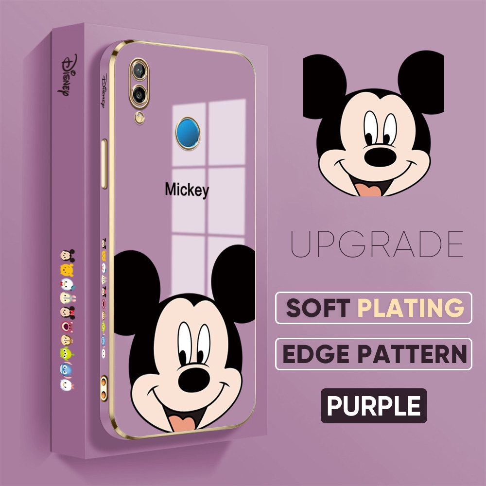 Jizetin (Free Lanyard) Huawei P20 Lite / Nova 3E Case Luxury 6D Plating Soft Casing Silicone Square Frame Phone Case Shiny Bling Back Cover Cartoon Big Head Mouse New design Side Drawing Case