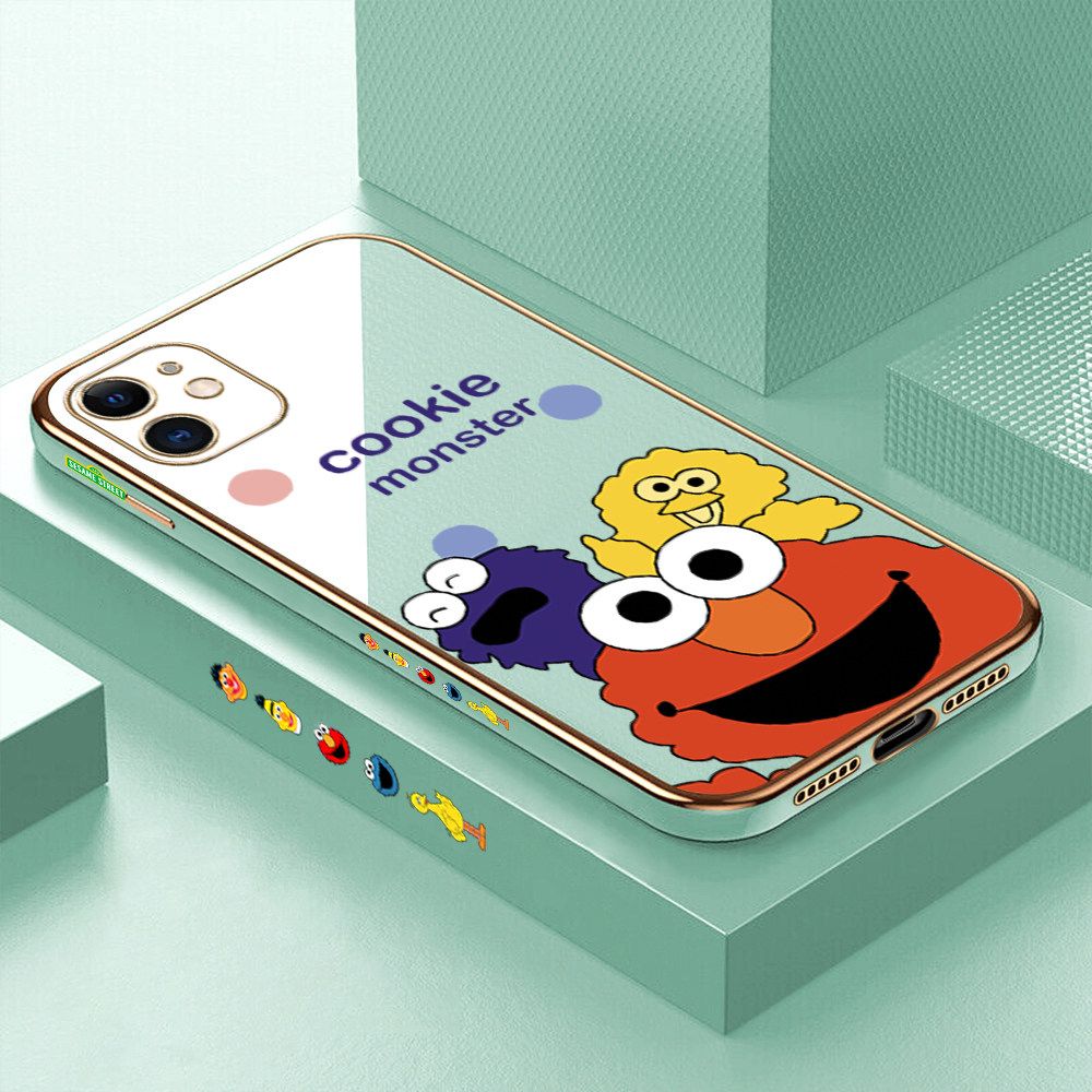 Luxury 6D Plating Case for iPhone 11 Color Cute Cartoon Sesame Monsters Side Pattern Back Cover Soft Silicone Square Frame Shiny Bling Phone Cases + Free Lanyard