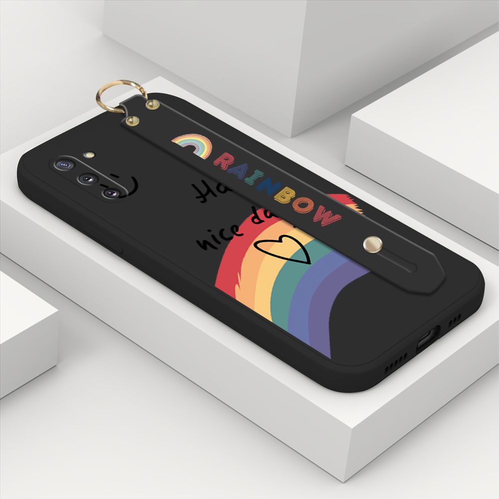ZeroQiQi for Samsung Galaxy Note 10 Wrist Strap Case Lovely Graffiti Rainbow Smile Thin Phone Cover Square Edge Liquid Silicone Creativity Phone Case