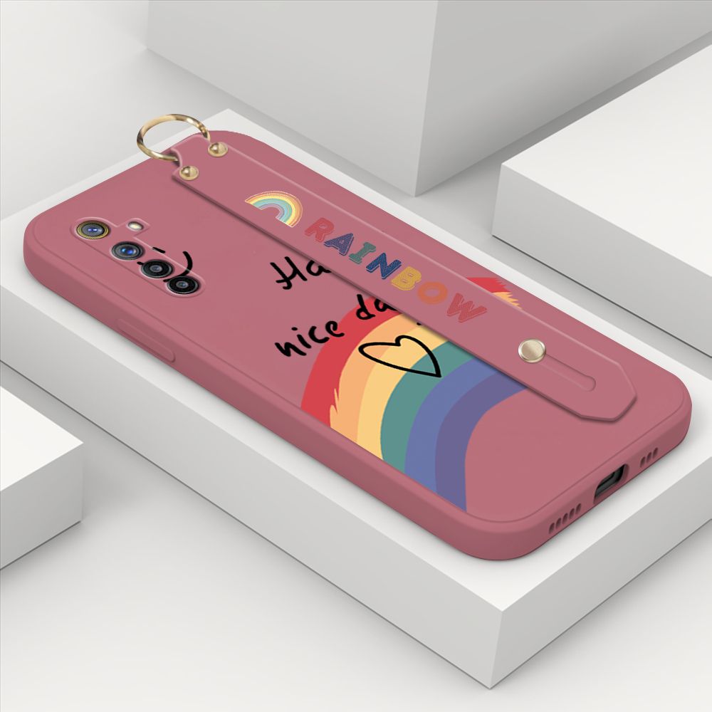 ZeroQiQi for OPPO R17 Wrist Strap Case Lovely Graffiti Rainbow Smile Thin Phone Cover Square Edge Liquid Silicone Creativity Phone Case