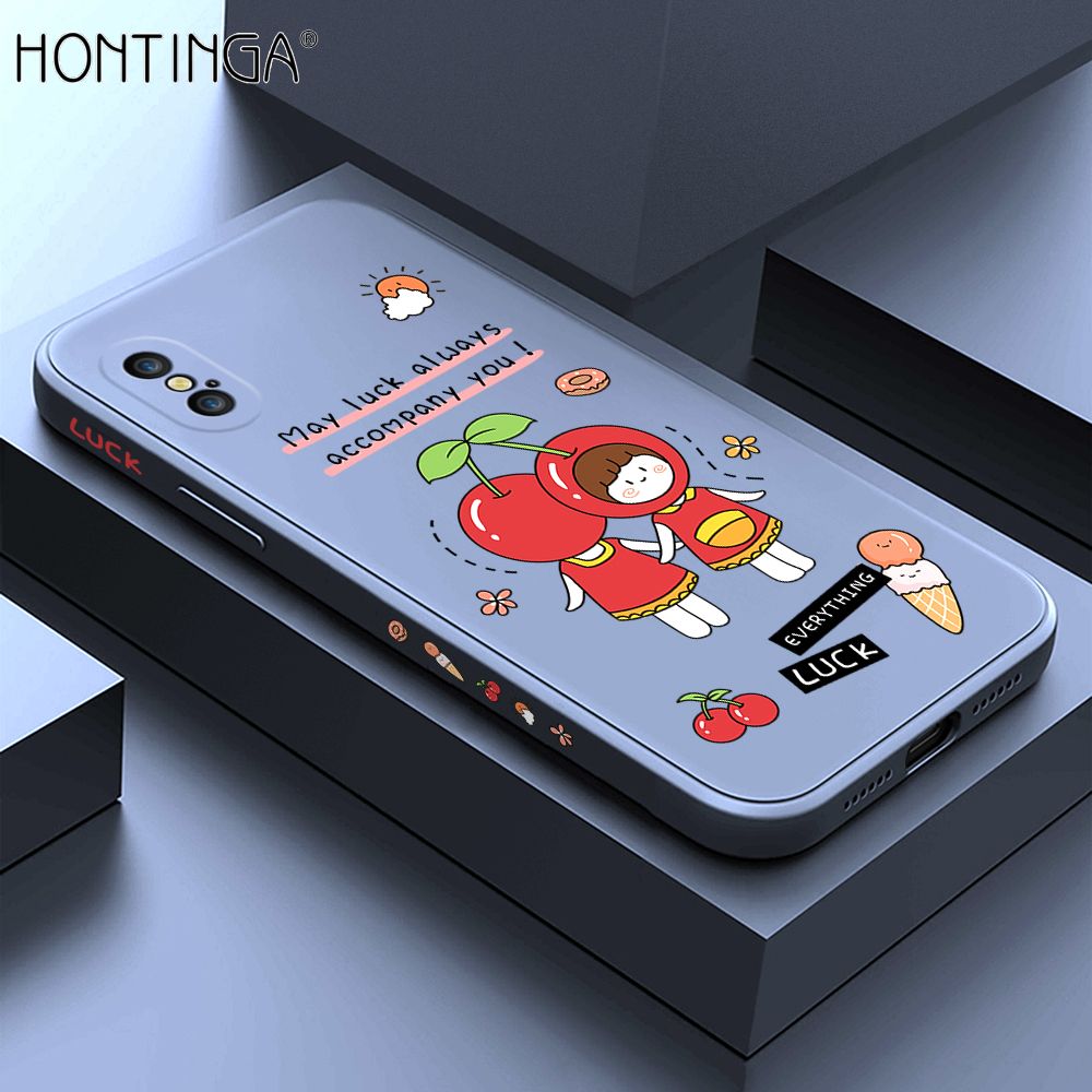 Hontinga for iPhone X XS Case Side Design Cute Cherry Girl Back Cover Soft Square Edge Pattern Liquid Silicone Trend Phone Cases