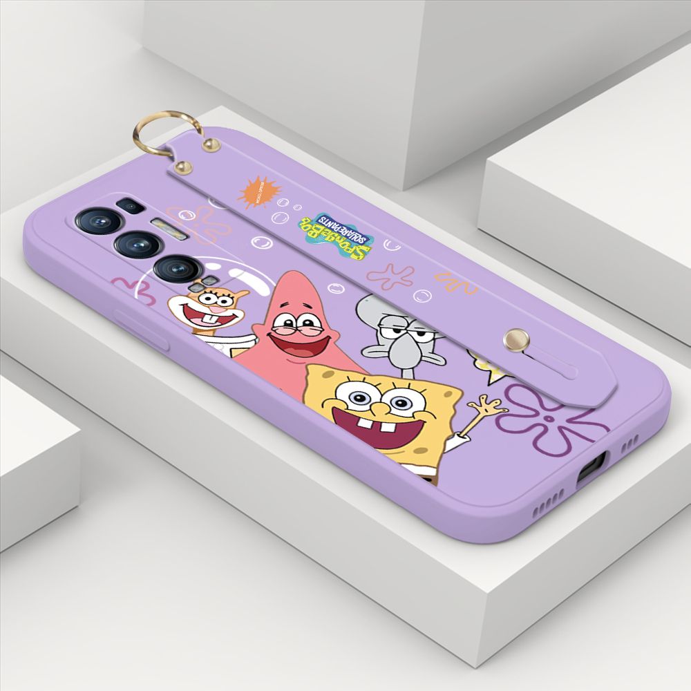 ZeroQiQi for OPPO Reno5 Pro Plus 5G Wrist Strap Case Cute Cute Funny Cartoon Sponge for Square Pants Cover Square Edge Liquid Silicone Anti-drop Phone Case