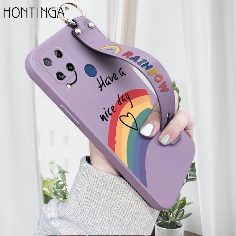 Hontinga for Realme C15 Wrist Strap Case Lovely Graffiti Rainbow Smile Thin Phone Cover Square Edge Liquid Silicone Creativity Phone Case