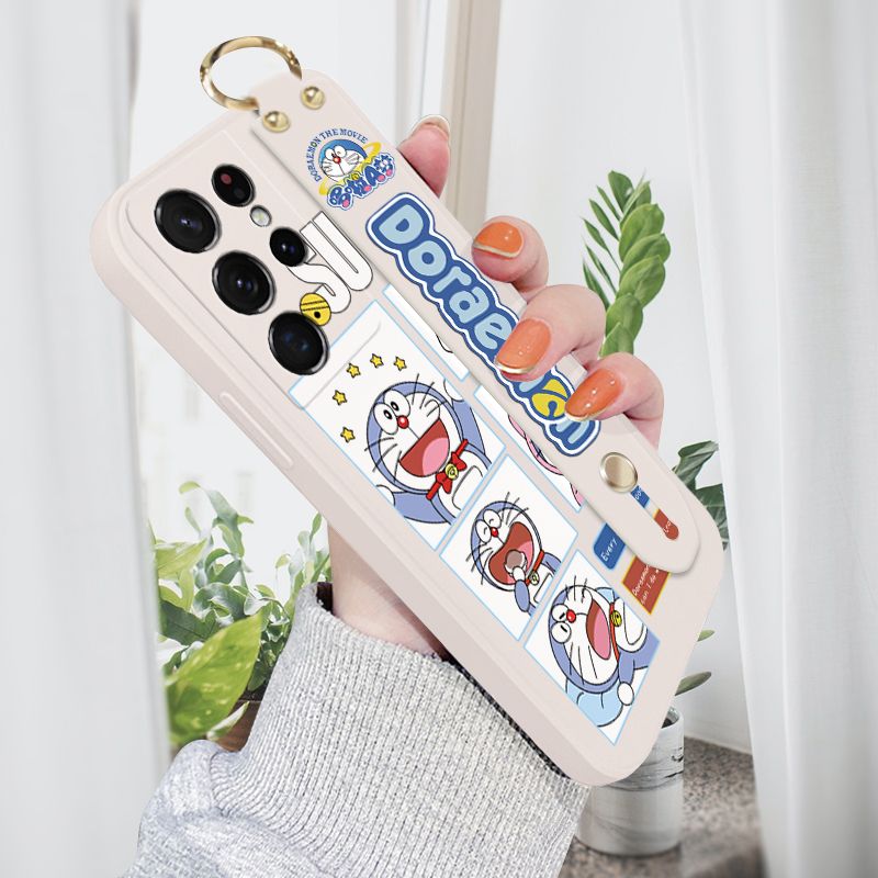 Jizetin for Samsung Galaxy S21 Ultra 5G Wrist Strap Case Creative Cartoon Doraemon's Daily Life Cover Ultra Thin Anti Fall Liquid Silicone Phone Case