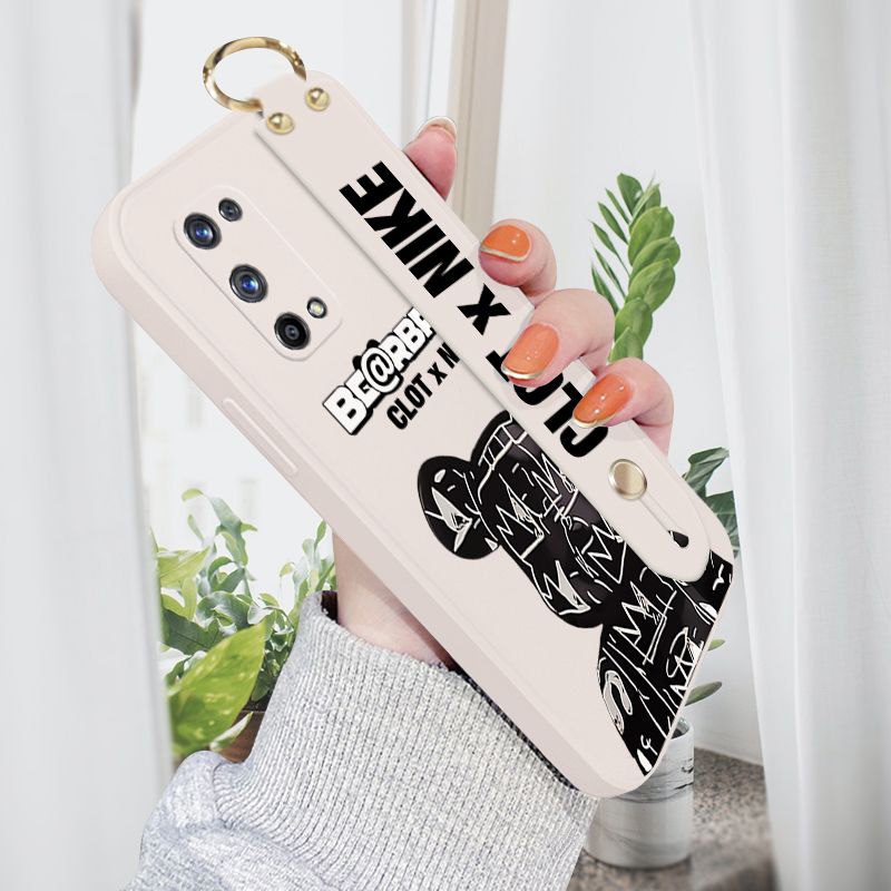 Jizetin for Realme X7 Pro 5G Wrist Strap Case Creative Cartoon Black Stitching Bear Cover Ultra Thin Anti Fall Liquid Silicone Phone Case