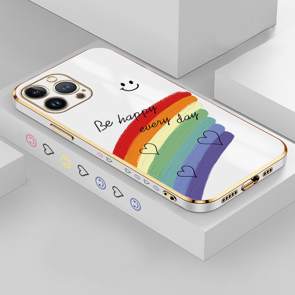 Jizetin (Free Lanyard) iPhone 13 Pro Case Rainbow Doodle Luxury 6D Plating Soft Casing Silicone Ultra Thin Phone Cover