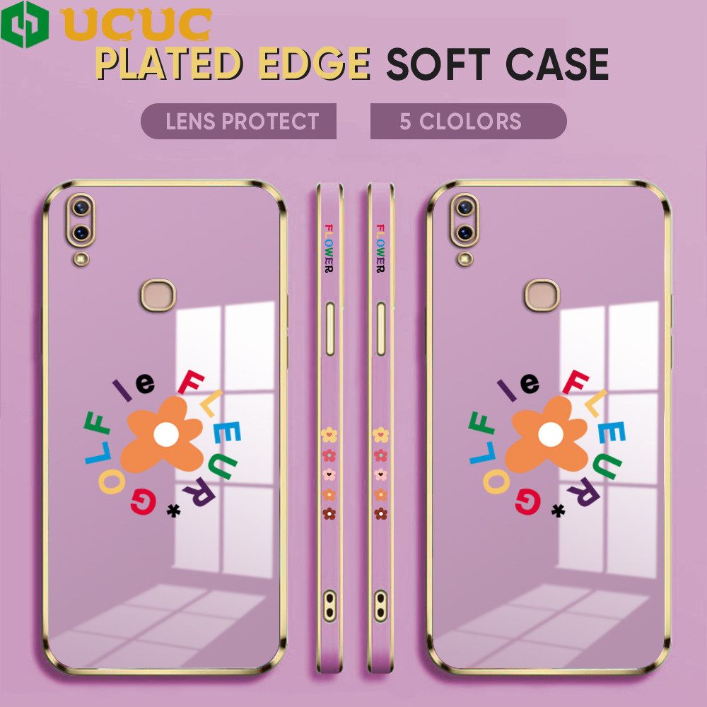 UCUC for Vivo Y85 V9 Z1 Z1i Back Cover + Free Lanyard Colorful Flower Luxury 6D Plating Case Side Pattern Soft Silicone Square Phone Cases