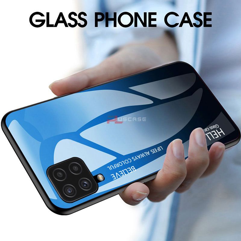 PlusCase for Samsung Galaxy A22 4G Case Glass Hard Gradient Painted Shockproof Phone Back Cover