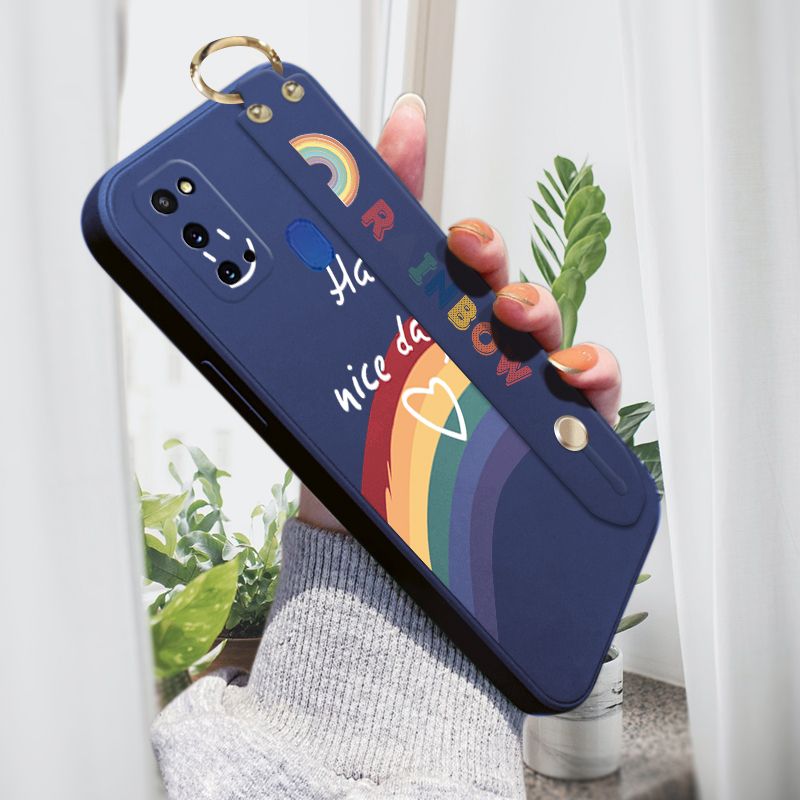 Jizetin for Samsung Galaxy M31 Wrist Strap Case INS Style Smile Rainbow Cover Ultra Thin Anti Fall Liquid Silicone Phone Case