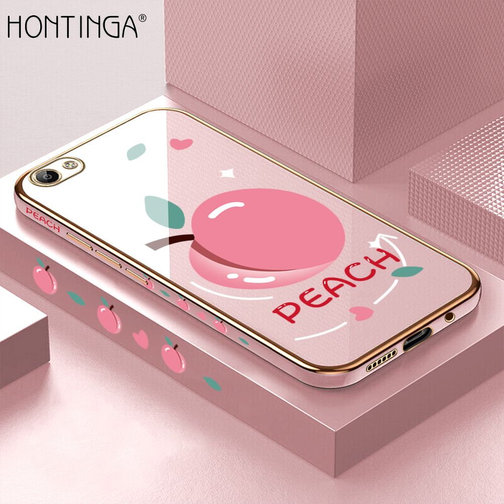 Hontinga for Vivo Y66 Case Luxury 6D Plating Soft Casing Silicone Square Frame Phone Cover Shiny Bling Side Print Cartoon Simple Peach Cases