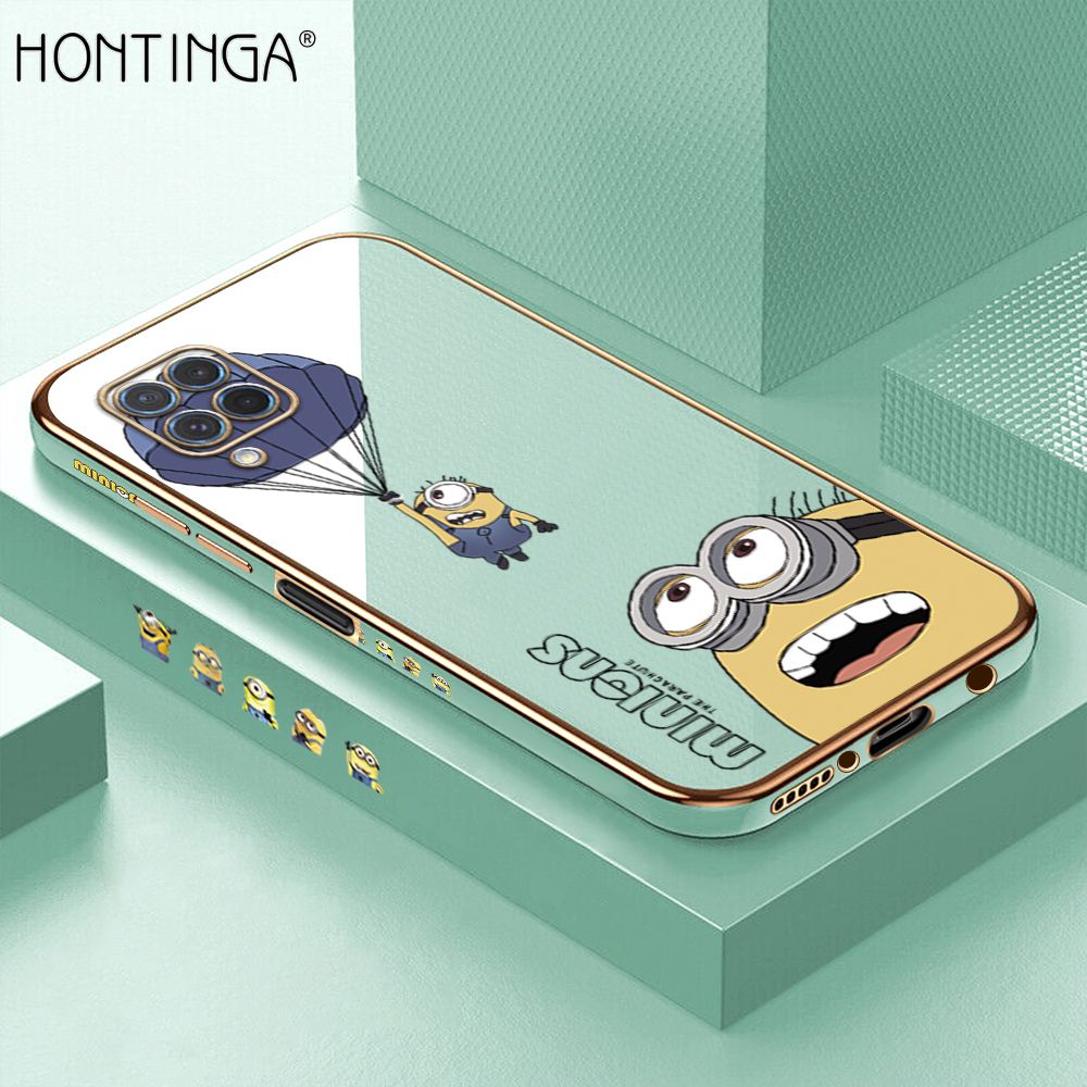 Hontinga for Samsung Galaxy M62 F62 Back Cover + Free Lanyard Luxury 6D Plating Yellow Cartoon Character Pattern Case Soft Silicone Square Phone Cases