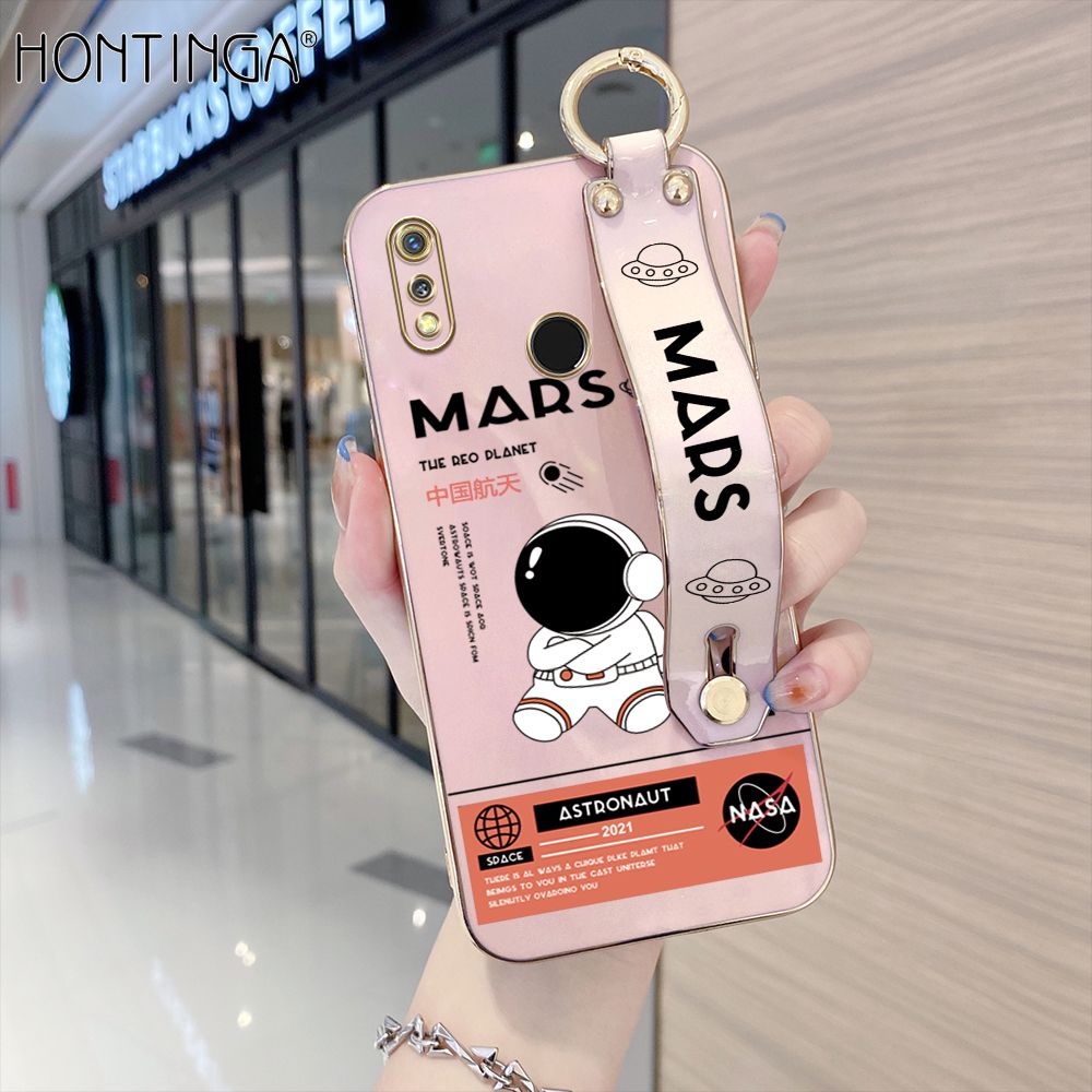 Hontinga for Realme 3 Back Cover With Wristband Luxury 6D Plating Cute Space Astronaut  Case Soft Silicone Square Phone Cases