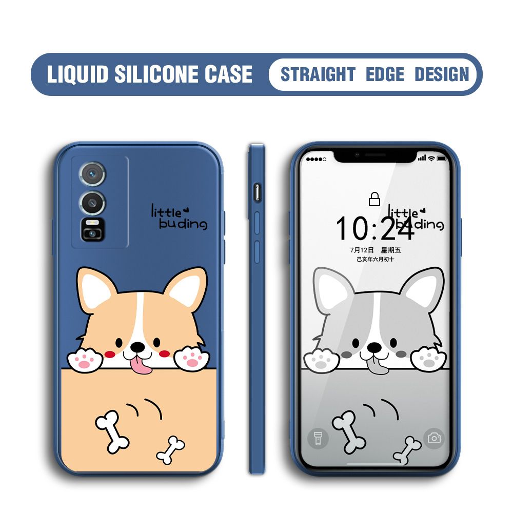 BILI for Vivo Y76 5G Back Cover Corgi and Bones Multicolor Liquid Silicone Phone Case Soft Square Lens Protection Phone Cases