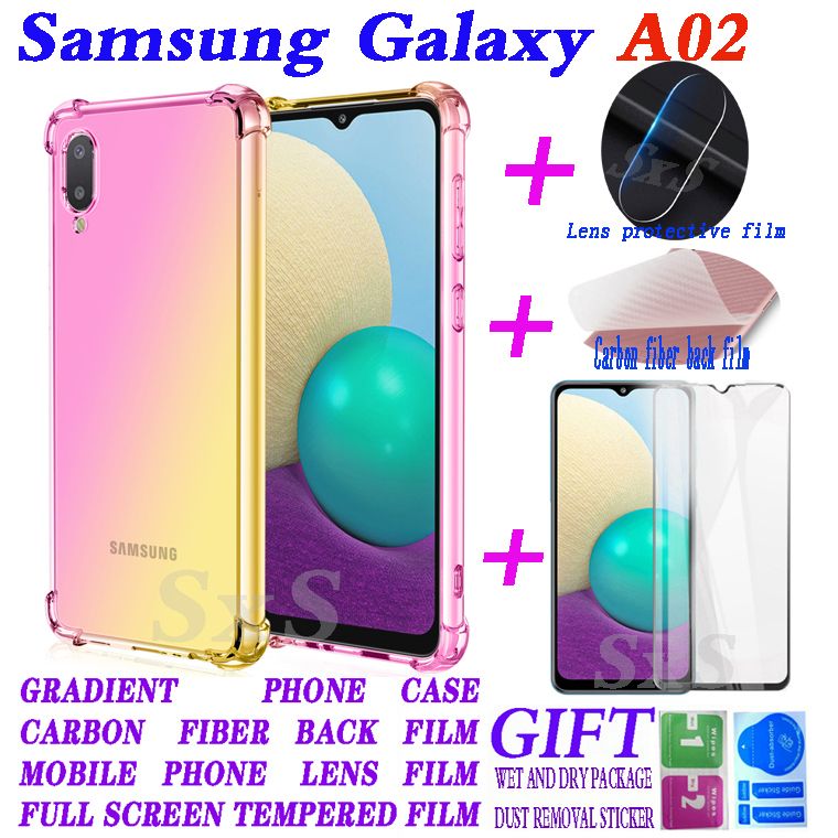 phone Case 4 in 1 For Samsung Galaxy A02 Samsung Galaxy A02s Samsung Galaxy A12 Samsung Galaxy A42 Samsung Galaxy A32 Tempered glass film + color four-corner anti-drop phone case + carbon fiber back Film + lens film