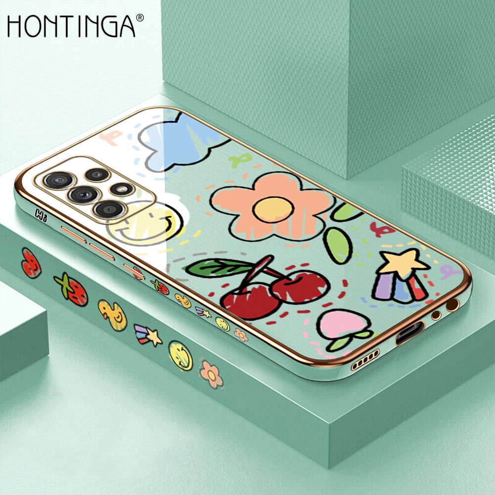Hontinga for Samsung Galaxy A52 5G / 4G / A52S 4G Back Cover + Free Lanyard Luxury 6D Plating Cartoon Cherry Peach Side Pattern Case Soft Silicone Square Mobile Cover